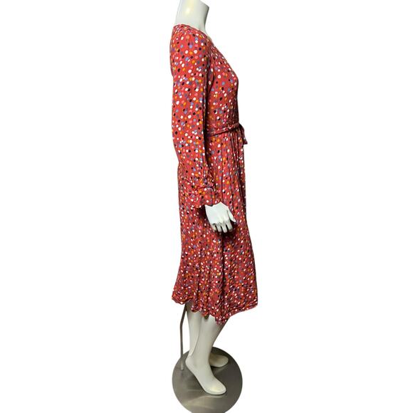 LOFT Coral Red Polka Dot Midi Dress | Colorful Button Front Belted Shirtdress - Picture 7 of 8